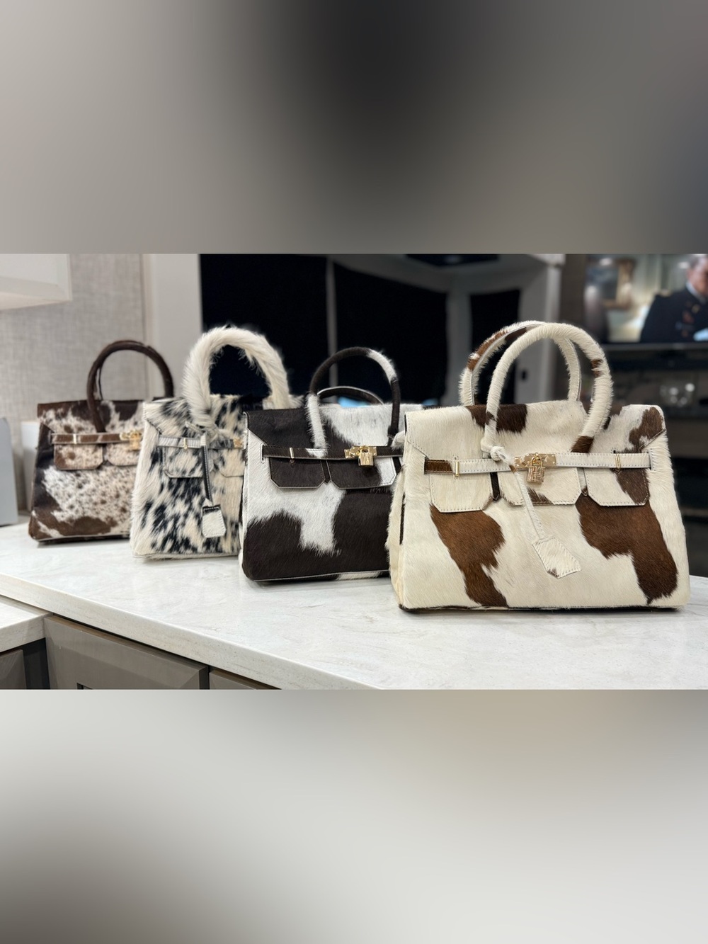 Genuine Brown & White Cowhide Handbag | Gold Hardware - Picture 4 of 6